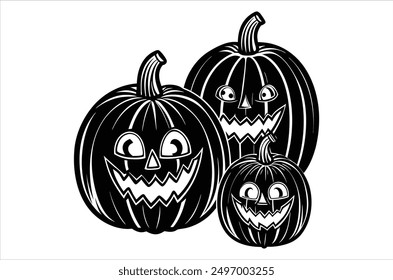 Set of cartoon pumpkins with funny faces for your design for the holiday Halloween. Different shapes and sizes orange gourd. Flat style vecto