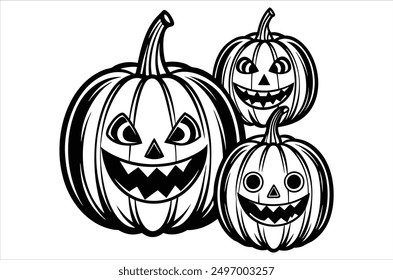 Set of cartoon pumpkins with funny faces for your design for the holiday Halloween. Different shapes and sizes orange gourd. Flat style vecto