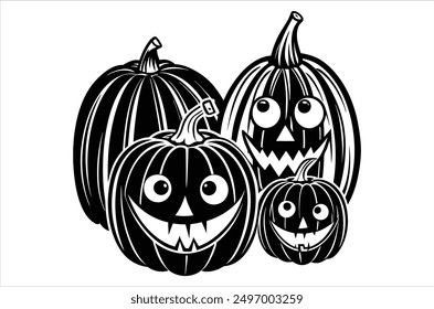 Set of cartoon pumpkins with funny faces for your design for the holiday Halloween. Different shapes and sizes orange gourd. Flat style vecto