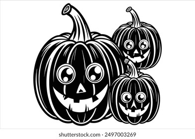 Set of cartoon pumpkins with funny faces for your design for the holiday Halloween. Different shapes and sizes orange gourd. Flat style vecto