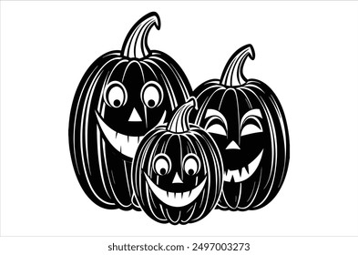 Set of cartoon pumpkins with funny faces for your design for the holiday Halloween. Different shapes and sizes orange gourd. Flat style vecto