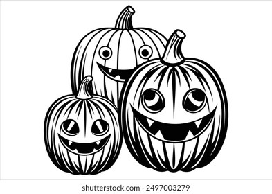 Set of cartoon pumpkins with funny faces for your design for the holiday Halloween. Different shapes and sizes orange gourd. Flat style vecto