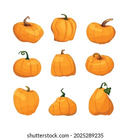 Un conjunto de calabazas de dibujos animados para Halloween. Ilustración vectorial.