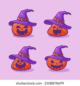 Set cartoon pumpkins wearing witch hats on purple background. Orange pumpkin with a smile for your design for the Halloween holiday. Vector illustration.