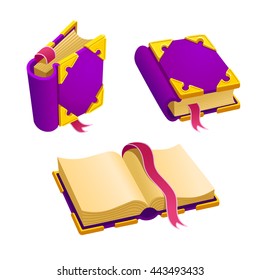 Set of cartoon purple book from different angles.Isolated vector elements for game design.