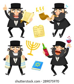 set of cartoon rabbis and Jewish symbols