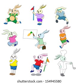 Set of cartoon rabbit. In physical activities. On a white background
