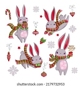 Juego de caricatura Símbolo de Conejo del año 2023. Graciosa ilustración con conejos, copos de nieve, juguetes de navidad, bayas, chupete. Afiche de invierno.
