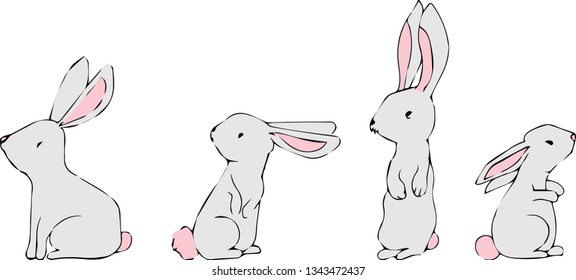 Set of cartoon rabbits, hand drawn character design.