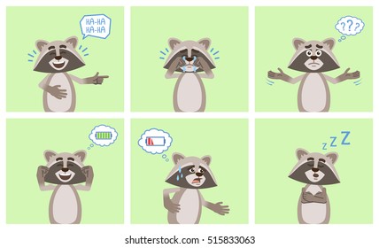 Set of cartoon raccoon characters posing in different situations. Cheerful raccoon laughing, crying, thinking, full of energy, tired, sleeping. Flat vector illustration