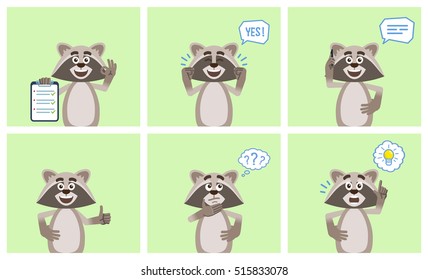 Set of cartoon raccoon characters posing in different situations. Cheerful raccoon holding clipboard, talking on phone, thinking, pointing up, showing thumb up gesture. Flat vector illustration