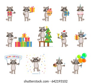 Set of cartoon raccoon characters showing various actions, emotions. Funny raccoon celebrating birthday, decorating Christmas tree, holding gift box and doing other actions. Simple vector illustration