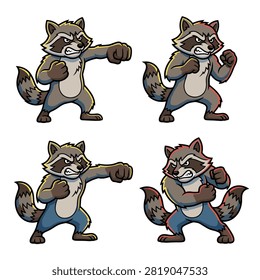 A set of cartoon raccoons in various aggressive fighting poses