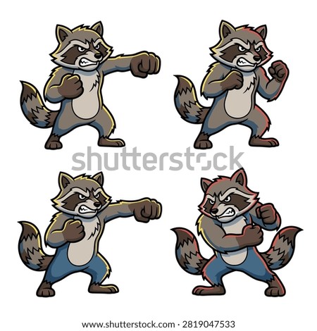 A set of cartoon raccoons in various aggressive fighting poses