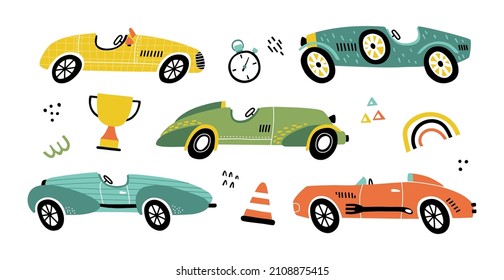 Set of cartoon racing cars with abstract shapes in hand drawn style. Perfect for t-shirt, apparel, cards, poster, nursery decoration. Isolated on beige background vector