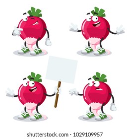 set of cartoon radish mascot on white background