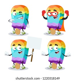 set of cartoon rainbow colors ice cream on a stick character mascot on white background
