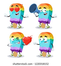 set of cartoon rainbow colors ice cream on a stick character mascot on white background