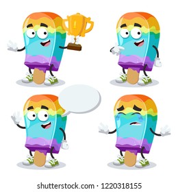 set of cartoon rainbow colors ice cream on a stick character mascot on white background