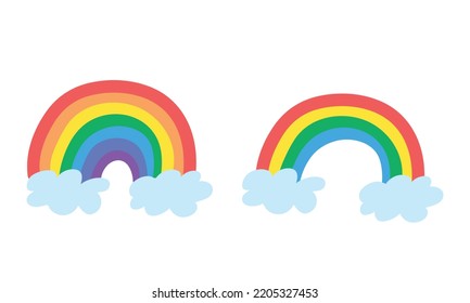 Set of cartoon rainbows clipart. Simple cute rainbow 7 colors and 4 colors flat vector illustration. Colorful rainbows with clouds cartoon style icon. Decorative design element hand drawn style