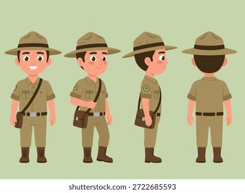 Un conjunto de personajes de caricaturas del guardabosques que se muestran desde diferentes ángulos, vistas frontal, lateral y posterior.