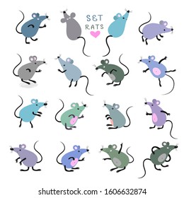 Set of  cartoon rats with different gestures on a white isolated background.Vector illustration. Symbols of 2020 Chinese New Year.