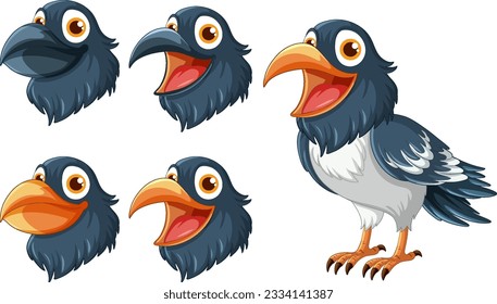 A set of cartoon ravens isolated on a white background, illustrated in a vector style illustration