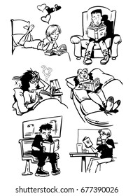 Set of cartoon reading. People read books. Emotions. Vector illustration.