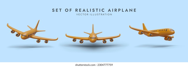 Set of cartoon realistic 3d airplanes in different positions. Yellow plane flying on blue background. Time for traveling concept. Advertising poster for airlines. Colorful vector illustration