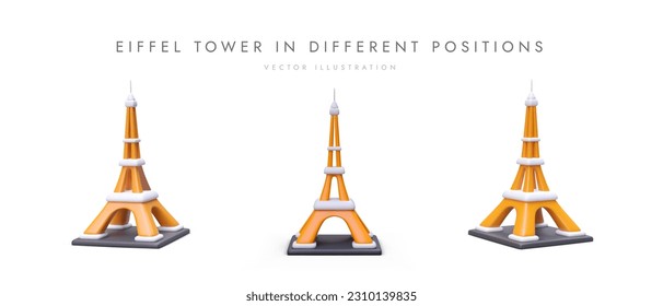 Conjunto de dibujos animados realistas en la torre Eiffel 3d en diferentes posiciones. Afiche web con lugar para el texto. Descubra Francia, concepto de París. Ilustración vectorial colorida con color naranja y fondo gris