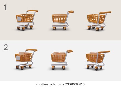 Set of cartoon realistic 3d empty and full shopping carts. Render of cart from different sides. Concept of transporting purchases in supermarket. Vector illustration in orange colors