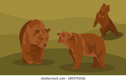 set of cartoon and realistic brown bear. Grizzly bears, wild forest predators and a sitting bear. The fur of a brown predator, a mammal bear. Icon set isolated vector illustration