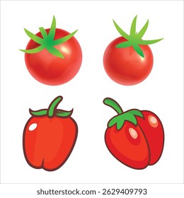 Conjunto de desenhos animados e tomates vermelhos realistas e pimentões, ilustração vetorial