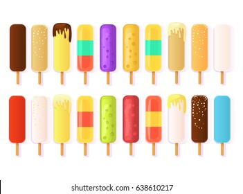 A set of cartoon rectangular ice cream icons on a stick of different types and colors.  Eskimo, sprinkled with nuts, with vanilla, chocolate, with the bushy berries, sucking. For video games.
