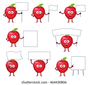 Set of cartoon red apple characters posing with different blank banners. Cheerful apple holding paper, poster, placard, pointing to whiteboard. Teach, advertise, promote. Simple vector illustration