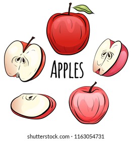 Set of cartoon red apples of different shapes on a white background. Objects separate from the background. Vector element for menu design, recipes, children's books and your creativity