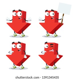 set of cartoon red arrow shows Down character mascot on white background
