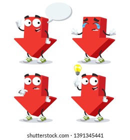 set of cartoon red arrow shows Down character mascot on white background