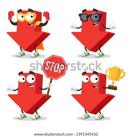 set of cartoon red arrow shows Down character mascot on white background