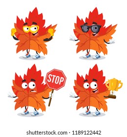 set of cartoon red autumn maple leaf character mascot on white background