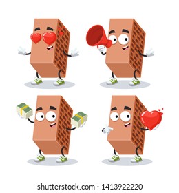 set of cartoon red brick with holes character mascot on white background