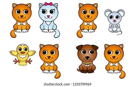 Set of cartoon red cat and other animals pairs. Cute cats, mouse, bird and puppy isolated on a white background. Vector illustration