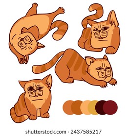 A set of cartoon red cats. Cartoon fat striped cats show emotions. An animal kitten in different poses. Vector isolated collection of red-colored cats in different emotions and positions