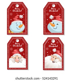 Set of cartoon red Christmas tag or label with laughing and smiling Santa Claus and snowmen. Xmas gift tag, invitation banner, sale or discount poster.