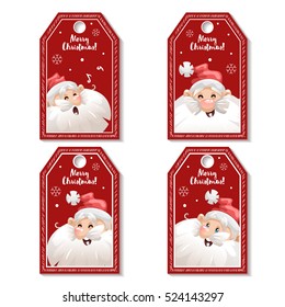 Set of cartoon red Christmas tag or label with laughing and smiling Santa Claus in hat. Xmas gift tag, invitation banner, sale or discount poster.