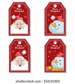Set of cartoon red Christmas tag or label with laughing and smiling Santa Claus and snowmen. Xmas gift tag, invitation banner, sale or discount poster.