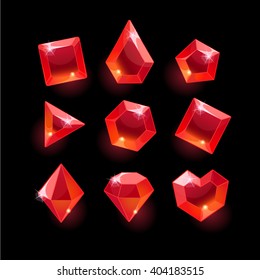 Set of cartoon red different shapes crystals,gemstones,gems,diamonds vector gui assets collection for game design.isolated vector elements.Gui elements, vector games assets.menu for mobile games
