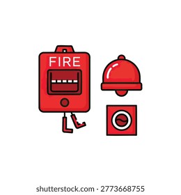 A set of cartoon red fire safety equipment including a fire alarm pull station, a bell, and a square indicator light, isolated on white.