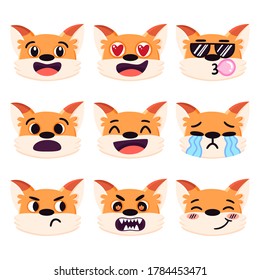 Set of cartoon red fox emotions, different facial expressions: laughing, in love, angry, crying, sad, cool, embarrassed etc. Colorful vector emoji isolated on white background.