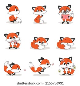 Set of cartoon red fox, funny character, vector illustration, forest animals, textile print, postcard, packaging, poster